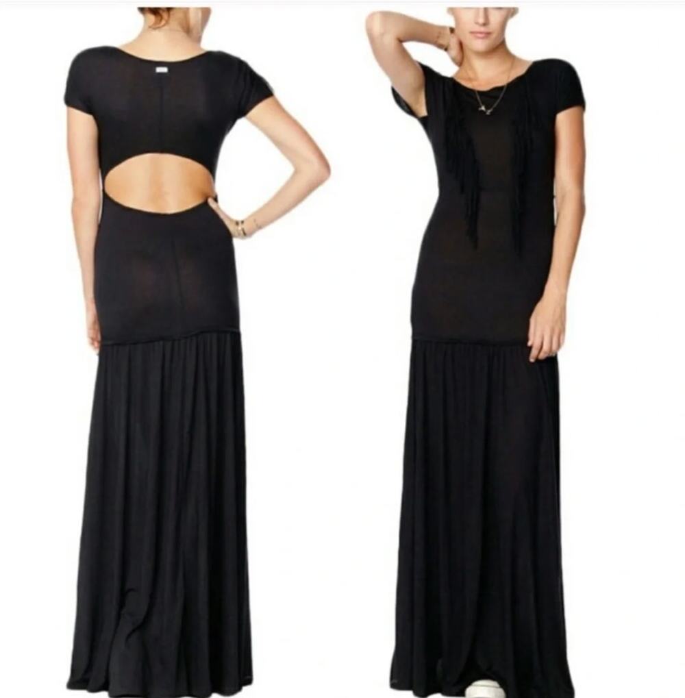 RVCA Black Western Fringe Open Back Maxi Boho Dress Small